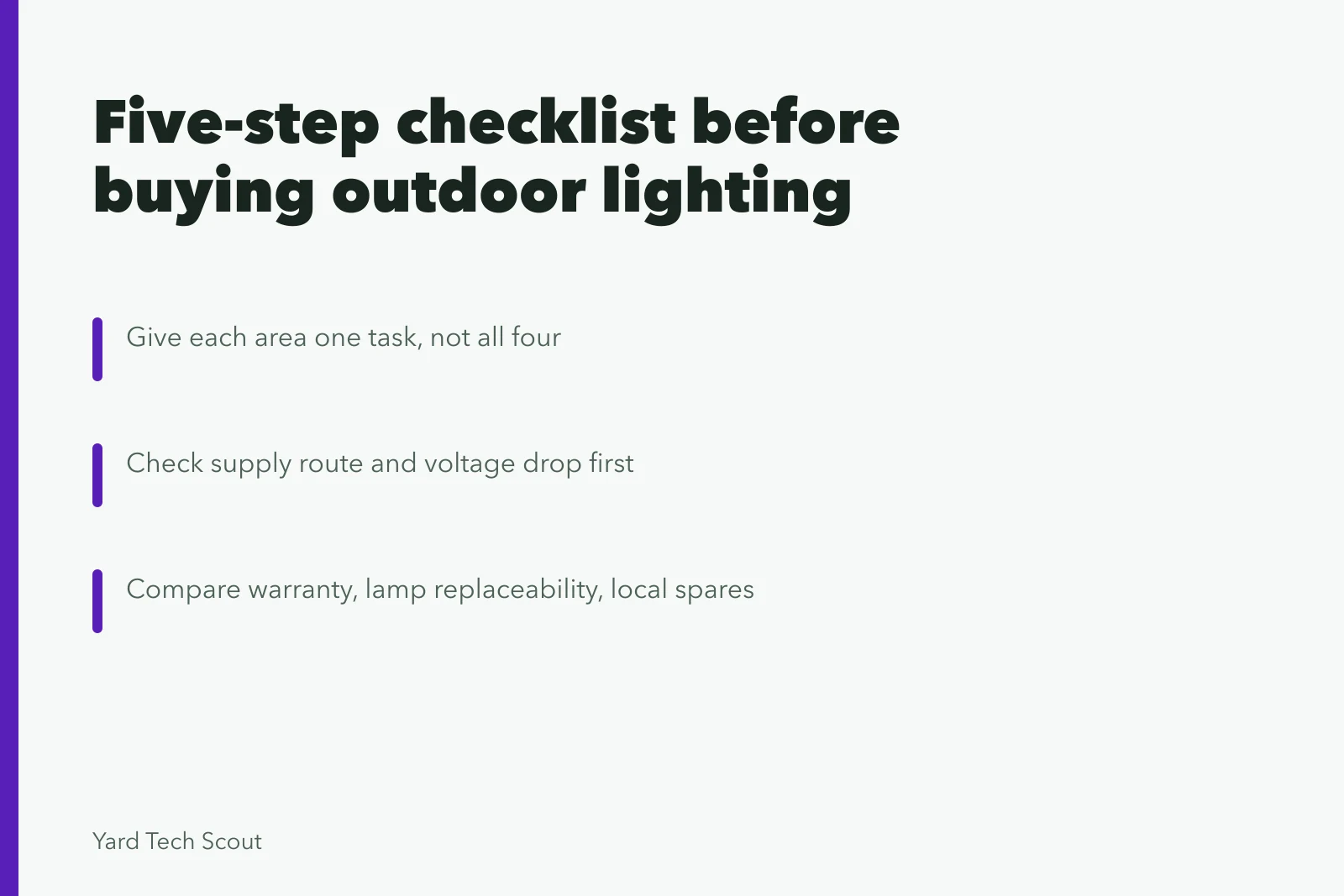 Checklist for choosing outdoor lighting controls, supply routes, and shielding. Before buying outdoor lighting gear, run this five-step checklist