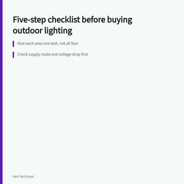 Checklist for choosing outdoor lighting controls, supply routes, and shielding. Before buying outdoor lighting gear, run this five-step checklist