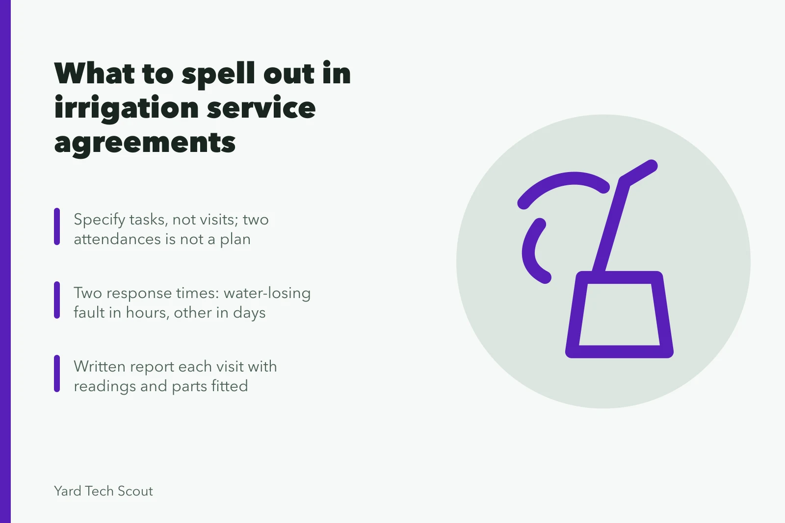 Checklist card for irrigation service agreement terms and response times. Smart irrigation service agreements: the specifics worth spelling out