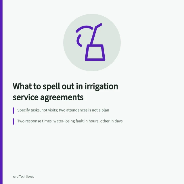 Checklist card for irrigation service agreement terms and response times. Smart irrigation service agreements: the specifics worth spelling out
