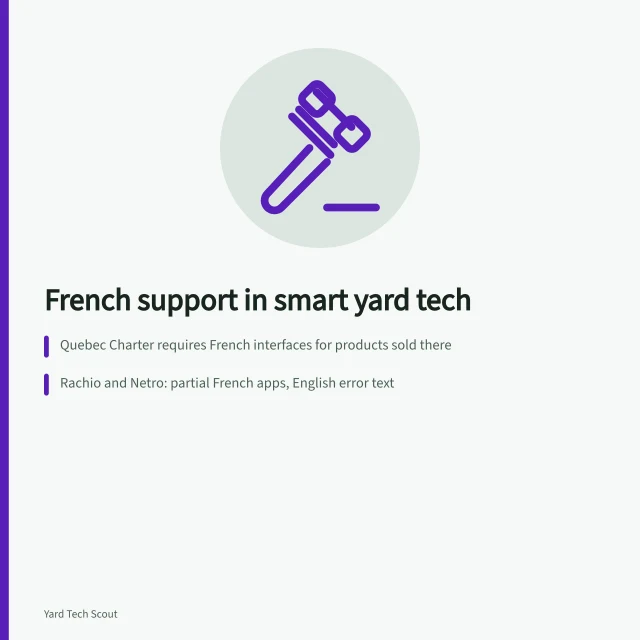 Card on French-language smart yard tech compliance and voice control gaps. Bilingual smart home interfaces, French-language support in Canadian yard tech