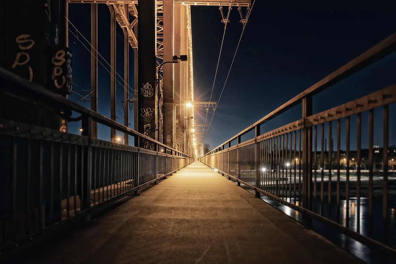 bridge, travel, city, path, night, street lighting, urban, city, city, city, city, city, night, night, night. Dark Sky Compliant Smart Outdoor Lighting: What to Check