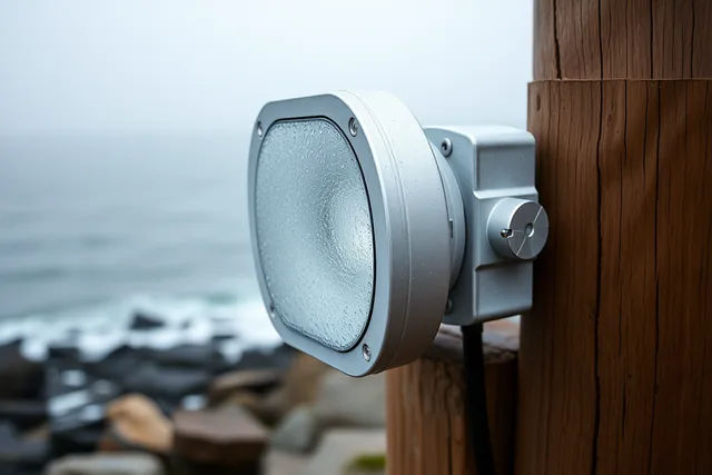 IP65 outdoor smart light fixture on coastal post in fog and salt spray. How Halifax and St. John's coastal weather affects outdoor smart lighting choices
