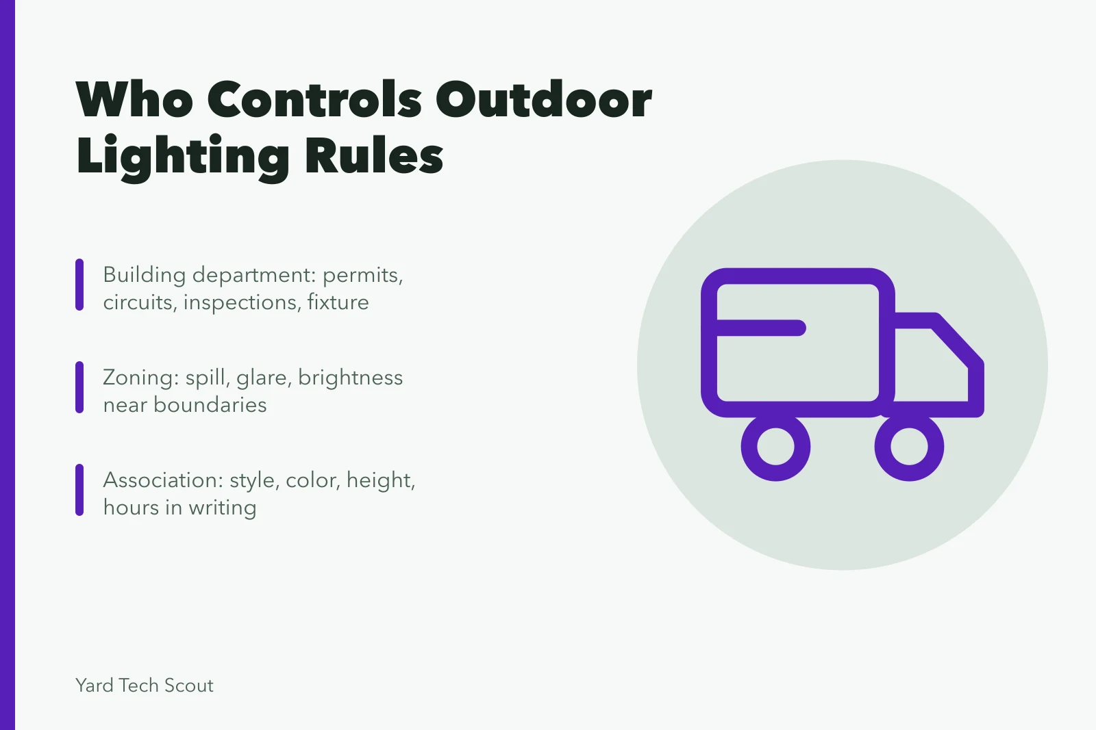 Outdoor lighting rules from building, zoning, association, and pesticide agencies. 4 things to understand about outdoor lighting controls