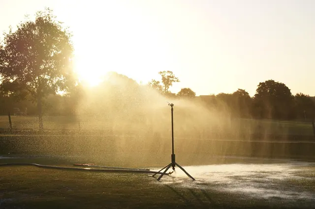 sprinkler, water, watering, irrigation, nature, pressure, spray, grass, wet, lawn, gardening, equipment, sprinkling, sprinklers, golf course, trees, sunset, brown golf, brown garde