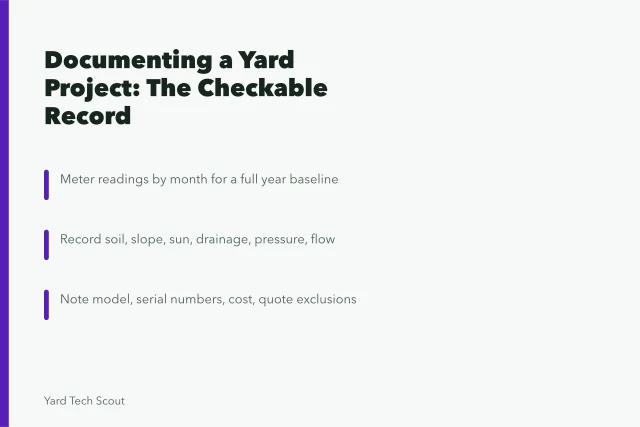 Card listing five parts of a yard project record: baseline, site, intervention, result, publishing. Documenting a yard project: the record that lets results be checked later