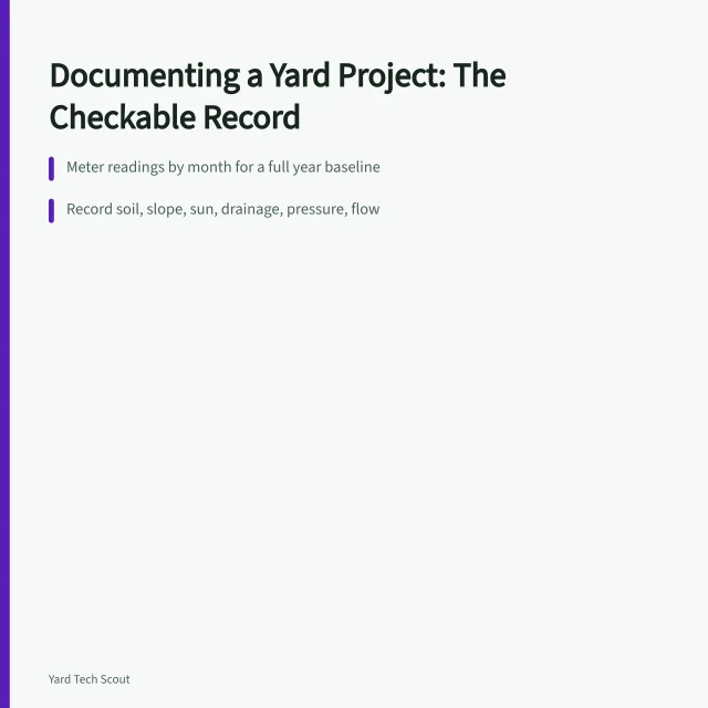 Card listing five parts of a yard project record: baseline, site, intervention, result, publishing. Documenting a yard project: the record that lets results be checked later