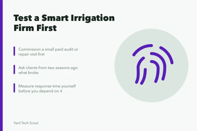 Checklist for vetting a smart irrigation company before signing. Testing a smart irrigation company with a small paid job before signing