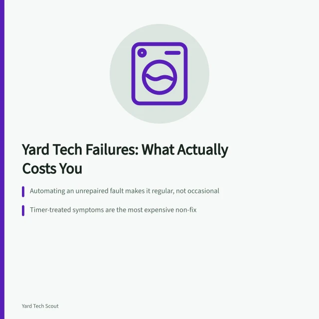 Card summarizing yard technology failure lessons: automate faults, symptom timers, detection first. Lessons from yard technology projects that went wrong: the parts worth your time