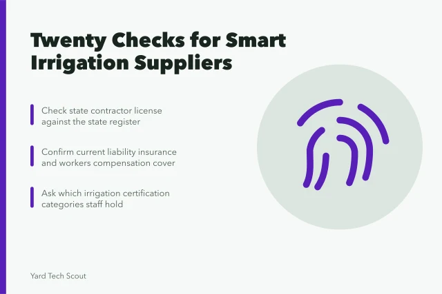 Checklist card for verifying smart irrigation companies and their credentials. Top smart irrigation companies for 2027, reviewed