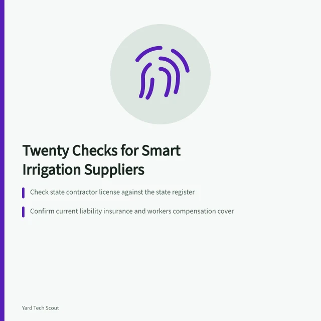 Checklist card for verifying smart irrigation companies and their credentials. Top smart irrigation companies for 2027, reviewed