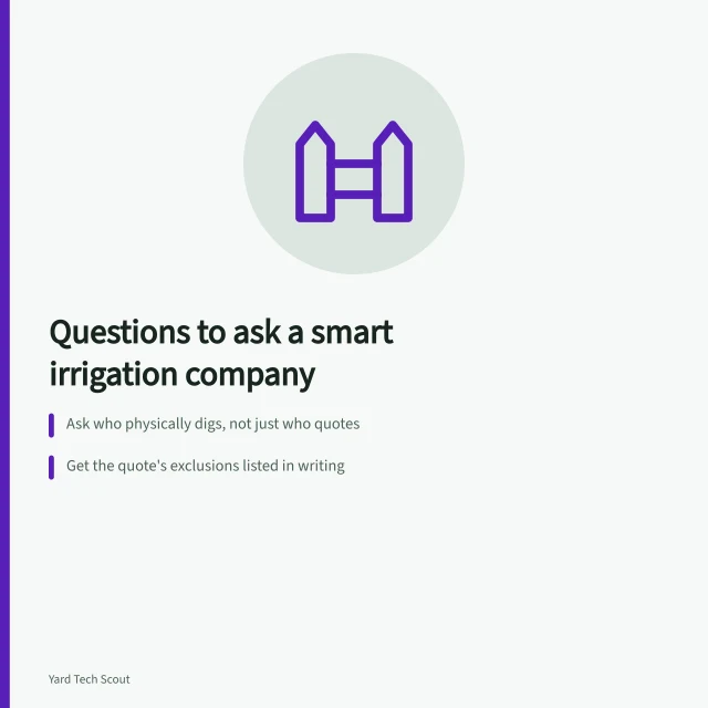 Checklist card of questions to ask a smart irrigation company before signing. Questions worth asking a smart irrigation company: timing, scope, and price