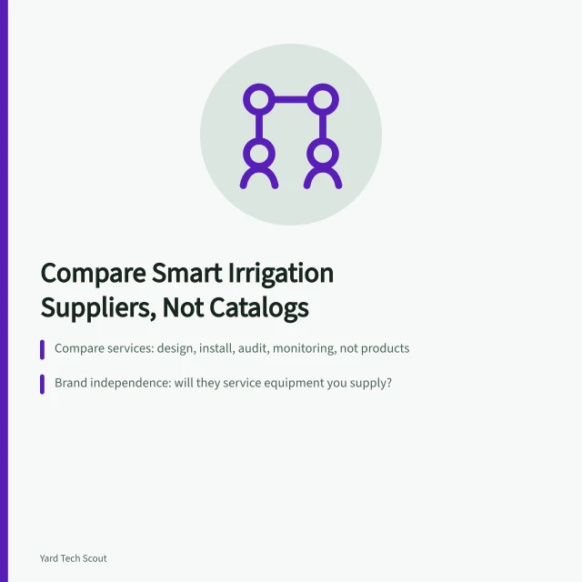 Comparison card for evaluating smart irrigation suppliers by service range and independence. Comparing smart irrigation suppliers for 2027: range, independence, and coverage
