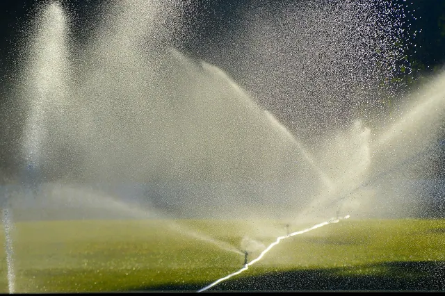 lawn irrigation, lawn sprinkler, football pitch, in the morning, early, mood, early in the morning, atmospheric, the atmosphere, morning mood, nature, landscape, meadow, light, the