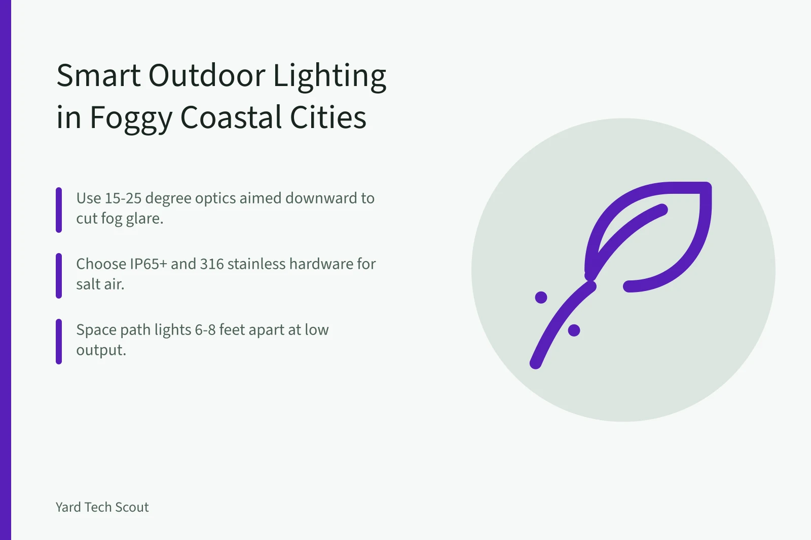 Coastal fog lighting guide: narrow beams, marine-grade materials, close spacing. Smart Outdoor Lighting in Foggy Coastal Cities: What US Buyers Should Know