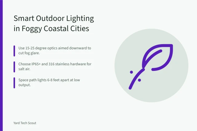 Coastal fog lighting guide: narrow beams, marine-grade materials, close spacing. Smart Outdoor Lighting in Foggy Coastal Cities: What US Buyers Should Know