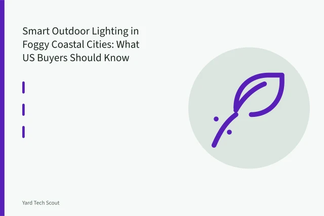 Shielded warm-white LED path light glowing downward on a foggy coastal garden path. Smart Outdoor Lighting in Foggy Coastal Cities: What US Buyers Should Know
