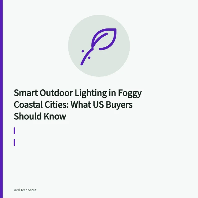 Shielded warm-white LED path light glowing downward on a foggy coastal garden path. Smart Outdoor Lighting in Foggy Coastal Cities: What US Buyers Should Know