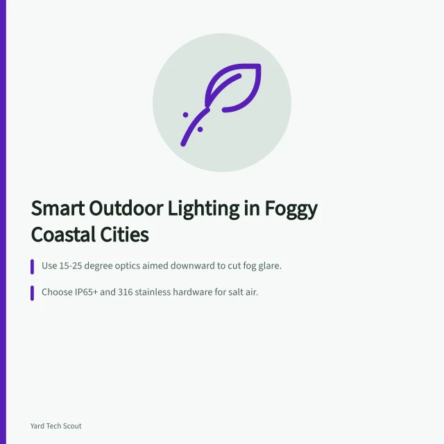 Coastal fog lighting guide: narrow beams, marine-grade materials, close spacing. Smart Outdoor Lighting in Foggy Coastal Cities: What US Buyers Should Know
