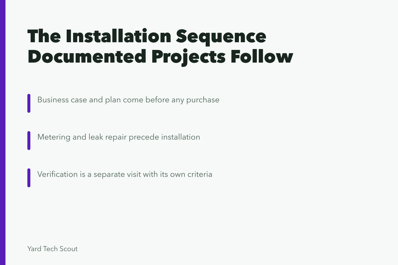 Card listing the documented installation sequence: case, plan, meter, repair, install, verify. Documented yard installations: the sequence real projects actually follow
