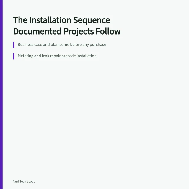 Card listing the documented installation sequence: case, plan, meter, repair, install, verify. Documented yard installations: the sequence real projects actually follow
