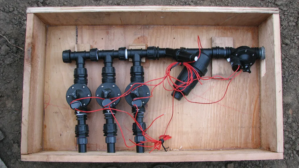 The various components of a drip irrigation system commonly used in vineyards and other agriculture. Among the components featured are the water zone exits, valves, adjustable pressure regulator, a mesh filter, a master valve, and a backflow preventer. 3 parts of smart yard technology, explained