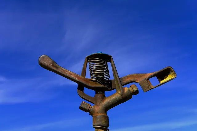 irrigation, agriculture, nature, water, sprinkler, bust, dryness, heaven, blue
