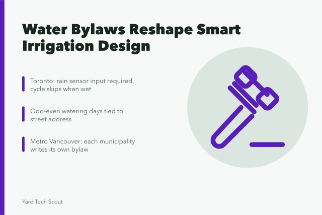 Irrigation controller with rain sensor and watering schedule restrictions. 4 ways Toronto and Vancouver water bylaws shape smart irrigation design