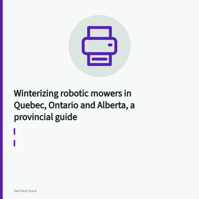 Robotic mower on charging dock in snow-dusted yard before winter storage. Winterizing robotic mowers in Quebec, Ontario and Alberta, a provincial guide