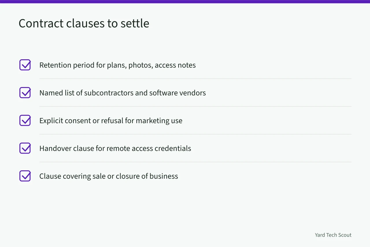 Checklist of five contract clauses covering data retention and access (Your smart irrigation company: what it probably knows, and who else sees it)